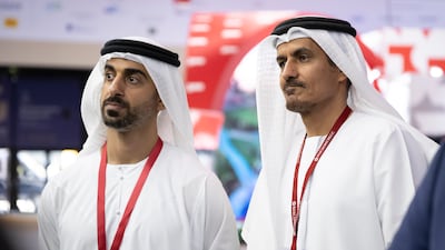 Sheikh Hamdan bin Mohamed and Ali bin Hammad Al Shamsi, Secretary General of the Supreme Council for National Security, visit the UAE Pavilion. Photo: Rashed Al Mansoori / UAE Presidential Court