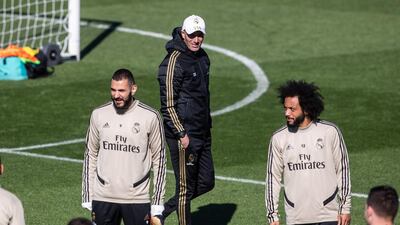 Real Madrid manager Zinedine Zidane, centre, Karim Benzema, left, and Marcelo ahead of their match against Levant. EPA