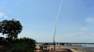 The Polar Satellite Launch Vehicle streaks into the sky in Andhra Pradesh. Arun Sankar/AFP