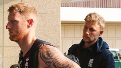 England's cricket captain Joe Root (R) and vice-captain Ben Stokes arrive at the team hotel in Colombo after the Tests were postponed. EPA