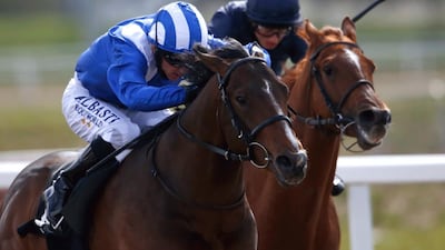 Paul Hanagan riding Tasleet, left, win the Greenham Stakes from Knife Edge, right, at Chelmsford on Saturday. Alan Crowhurst / Getty Images