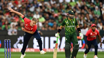 England's Sam Curran bowls. AFP