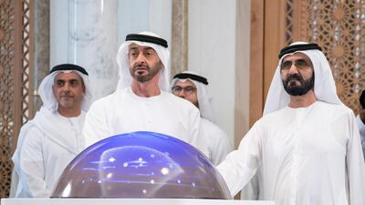 Sheikh Mohammed bin Rashid, Vice President and Ruler of Dubai, and Sheikh Mohamed bin Zayed, Crown Prince of Abu Dhabi and Deputy Supreme Commander of the Armed Forces, launch the UAE National Brand logo, at Qasr Al Watan on January 8. Seen with Sheikh Saif bin Zayed, Deputy Prime Minister and Minister of Interior. Hamad Al Kaabi / Ministry of Presidential Affairs