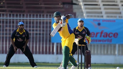 Asif Iqbal of Danube Lions playing a shot during the 41st Bukhatir League final cricket match on Monday. Pawan Singh / The National