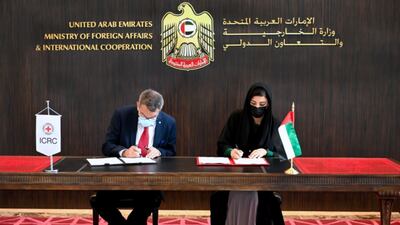 Reem Al Hashimy, Minister of State for International Co-operation, and Peter Maurer, president of the ICRC, sign an agreement to establish an office in Abu Dhabi. Image: Wam