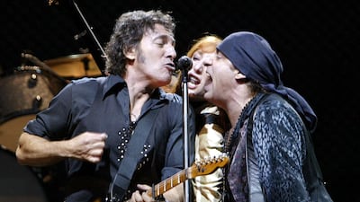 With his band during a concert at the Olympic Stadium in Barcelona on May 17, 2003 to promote his new album, 'The Rising'. AFP