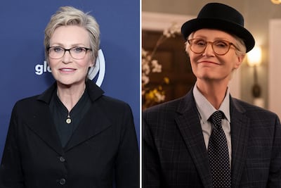 Jane Lynch found fame as Sue Sylvester in Glee and now stars as Sazz Pataki in Only Murders in the Building. AFP; Hulu