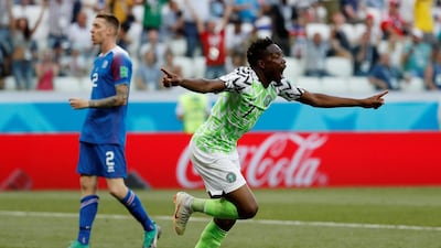 Ahmed Musa celebrates scoring Nigeria's first goal against Iceland. Toru Hanai / Reuters