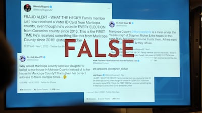 An image depicting false election information is displayed in Phoenix, Arizona. AFP