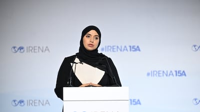 Dr Amna Al Dahak, the UAE's Minister of Climate Change and Environment, speaks on the opening day of the Irena Assembly. Photo: Irena