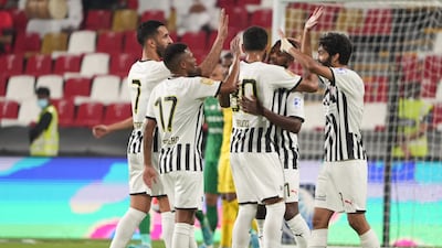 Al Jazira players celebrate after Abdoulay Diaby scores the second goal in the 2-0 win over Shabab Al Ahli. Photo: PLC