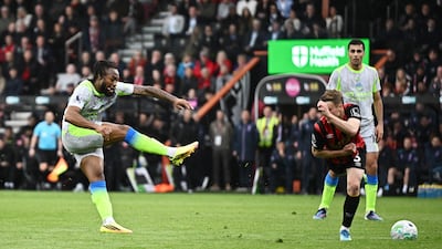 Manchester City winger Antoine Semenyo shoots for goal in the first half. Reuters