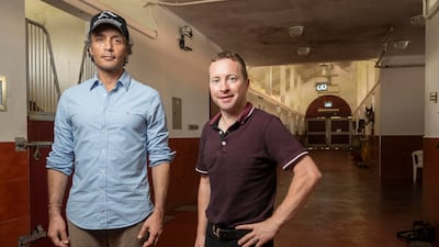 Zabeel Stables trainer Bhupat Seemar with UAE champion jockey Tadhg O’Shea. Antonie Robertson / The National