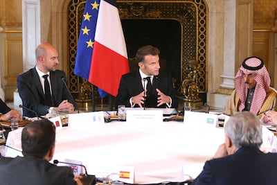 France's President Emmanuel Macron, with France's departing Minister for Foreign Affairs Jean-Noel Barrot and Saudi Foreign Minister Prince Faisal bin Farhan at the meeting. EPA