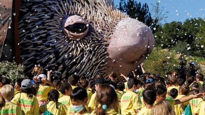 A world record-sized puppet, Percy the Porcupine, built to promote a new area at the San Diego Zoo, is unveiled to schoolchildren in Los Angeles, California. Reuters