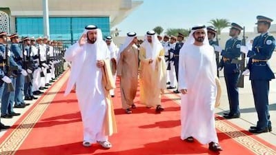 Sheikh Khalifa bin Zayed Al Nahyan, President of the UAE and Ruler of Abu Dhabi, leaving for Islamabad. He is being sent off by Sheikh Mohammed bin Rashid Al Maktoum (R), UAE Vice President and Ruler of Dubai, Sheikh Mansour bin Zayed Al Nahyan (back left), Deputy Prime Minister and Minister of Presidential Affairs and General Sheikh Mohamed bin Zayed Al Nahyan (back right) Crown Prince of Abu Dhabi Deputy Supreme Commander of the UAE Armed Forces.