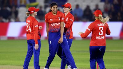 Mahika Gaur of England celebrates the wicket of Chamari Athapaththu of Sri Lanka. Getty