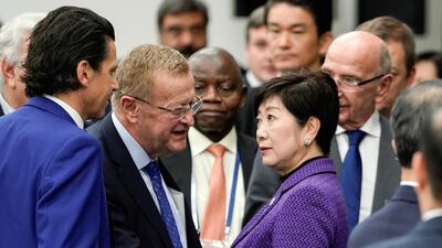 International Olympic Committee delegation leader John Coates speaks with Tokyo Governor Yuriko Koike prior to the start of the Four-Party Representative Meeting in Tokyo, Japan. Reuters