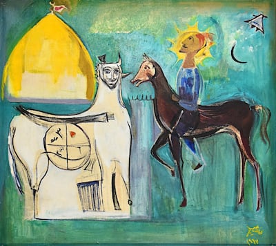 Naziha Selim is the sister of Jewad Selim, and an important artist in her own right. Sultan Sooud Al Qassemi hopes to give her work its due so that she will no longer be known as the “sister of”. Here is an untitled work from 1963 that he acquired. Collection of Barjeel Art Foundation, Sharjah