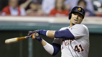 Detroit Tigers' Victor Martinez strikes out swinging, which is a rarity for Martinez, against Cleveland Indians relief pitcher Cody Allen in the ninth inning of a baseball game, Tuesday, May 20, 2014, in Cleveland. The Indians defeated the Tigers 6-2. AP Photo/Tony Dejak