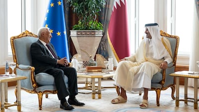 Emir of Qatar, Sheikh Tamim, receives European Council President Antonio Costa in his office at the Amiri Diwan. Qatar News Agency