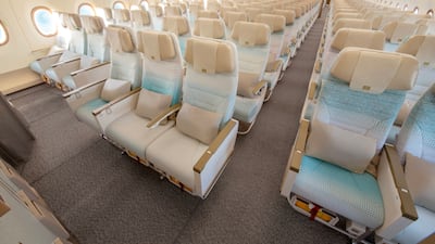 The economy-class section inside the plane. Emirates