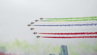 Al Fursan aerobatics team depicted the Kuwaiti flag in the sky. Mohamed Al Blooshi for the UAE Presidential Court