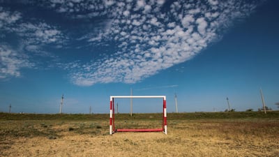 A goalpost stands in the village of Pribrezhnoye, Saksky region, Crimea. Pavel Rebrov / Reuters