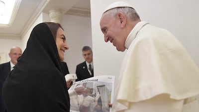 Editor-in-Chief Mina Al-Oraibi meets Pope Francis in Abu Dhabi. Photo: @AlOraibi / X