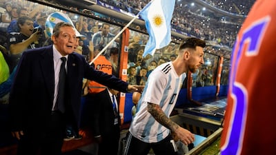 Argentina's Lionel Messi steps onto the field prior to the match. Eitan Abramovich / AFP