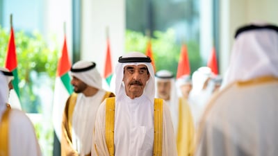 Sheikh Saud bin Rashid Al Mualla, Ruler of Umm Al Quwain, at the reception in the capital. Abdulla Al Bedwawi / UAE Presidential Court