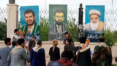 Portraits of Houthi leaders on display in Sanaa, the capital of Yemen. The rebels are building up their arsenal. EPA