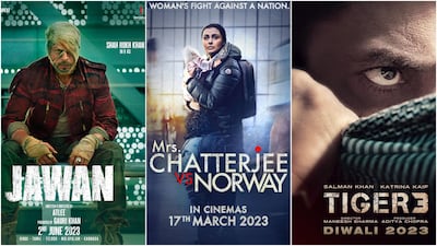 From left, Shah Rukh Khan in Jawan, Rani Mukerji in Mrs Chatterjee vs Norway and Salman Khan in Tiger 3. Photos: Yash Raj Films; Zee Studios