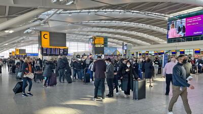 Passengers at Heathrow airport in February, when British Airways had another flight-grounding technical problem. PA