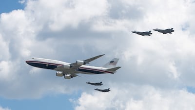 The US President's official aircraft, Air Force One, performs a fly-past. Reuters