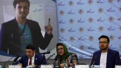 Hawa Alam Nuristani, chief of Election Commission of Afghanistan, center, speaks during a press conference at the Independent Election Commission office in Kabul, Afghanistan, February 18, 2020. AP