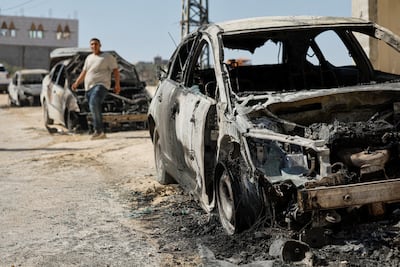 Destroyed cars, which Palestinians say were burnt by Israeli settlers, in Jalud, near Nablus. Reuters