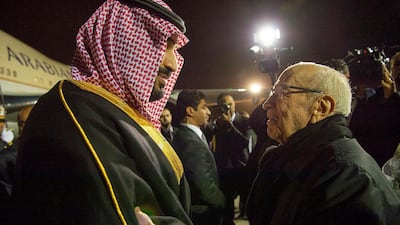 Saudi Crown Prince Mohammad Bin Salman being welcomed by the Tunisian President Beji Caid Essebsi. EPA
