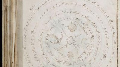 A page from the Voynich Manuscript, showing some of the strange and so-far undeciphered symbols within.