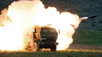 A vehicle fires the Himars during combat training in Yakima, Washington state. The Olympian / AP