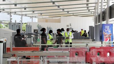 Security gates installed at the Expo 2020 site in Dubai ahead of the October 1 opening. Pawan Singh / The National