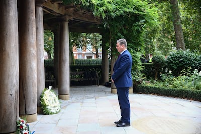 Keir Starmer, Labour Party leader, lays a floral tribute at the September 11 Memorial Garden at Grosvenor Square on September 11, 2021 in London, England. (Photo by Hollie Adams / Getty Images)