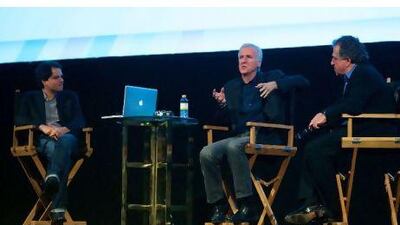 The directors James Cameron, centre, and Carlos Saldanha, left, share some secrets of their craft yesterday in Abu Dhabi.