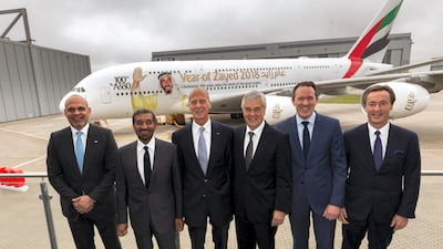 From left to right: Ali Al Ahmed, UAE Ambassador to Germany, Sheikh Ahmed bin Saeed Al Maktoum, chairman and chief executive, Emirates Airline & Group, Tom Enders, chief executive of Airbus, senator Frank Horch, Ministry for Economy, Transport, and Innovation of the Free and Hanseatic City of Hamburg, Fabrice Brégier, chief operating officer of Airbus and president commercial aircraft and Dominic Horwood, director – customer and services Rolls-Royce in front the 100th A380 following the ceremony in Hamburg. Courtesy Emirates