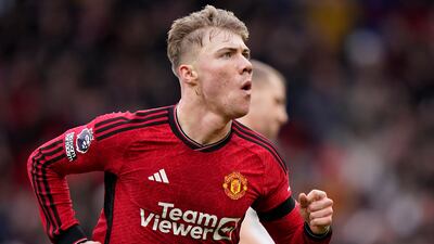 Rasmus Hojlund celebrates after scoring Manchester United's opening goal in their 3-0 Premier League win over West Ham United at Old Trafford. AP