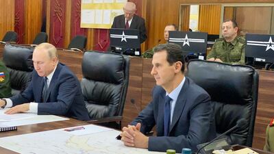 Russian President Vladimir Putin arrived on Tuesday in Damascus on a visit during which he met President Bashar al-Assad at the Russian forces assembly location in Damascus. Syrian Arab News Agency