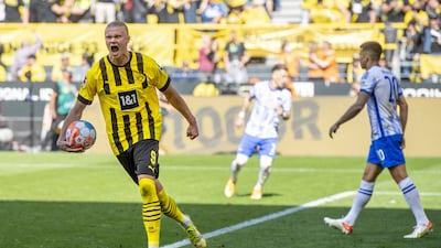Borussia Dortmund's Erling Haaland celebrates scoring in the Bundesliga match against Hertha Berlin on May 14, 2022. PA