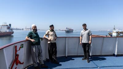 Members of the Human Rights and Freedoms and Humanitarian Relief Foundation on the Akdeniz RoRo ship in Istanbul, Turkey, on April 15. EPA