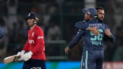 Mohammad Nawaz celebrates taking the wicket of Phil Salt. AP