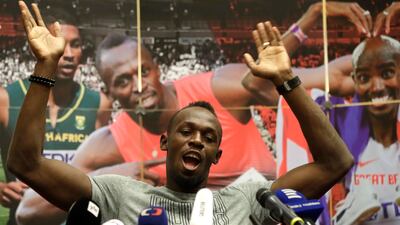 Jamaica's sprinter Usain Bolt speaks to the media ahead of the Golden Spike Athletic meeting in Ostrava, Czech Republic, on Monday. Petr David Josek / AP Photo